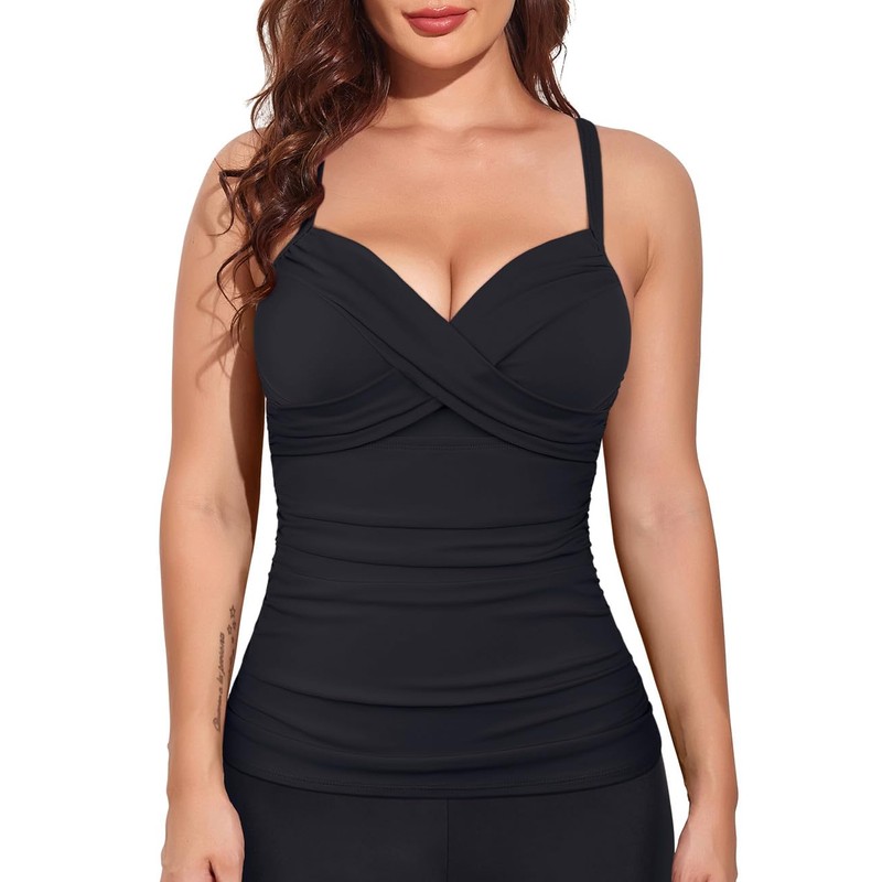 Hilor Women's Underwire Tankini Top Swimwear Twist V Neck Swimsuits