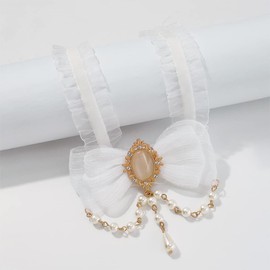 JWICOS Elegant Lace Bow-Knot Choker Necklace for Women White Lace Yarn Choke with Pearl Pendant Necklace Women Accessories (White)