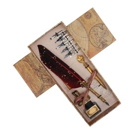 Feather Quill Set, Vintage Ink Pen, Letter Opener with Replacement Nibs, Pen Stand, Base, Quill and Ink Set for Friends, Family and Teachers (Red)