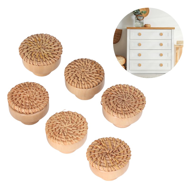 6pcs Round Drawer Knobs Wood Rattan Woven Handmade Drawer Pulls
