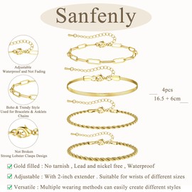 Sanfenly Gold Bracelets for Women, 14K Dainty Gold Plated Jewelry Sets for Women Stackable Bracelets Trendy Gold Tennis Bracelet Waterproof Cute Cuban Link Paperclip Chain Bracelet Stack Set