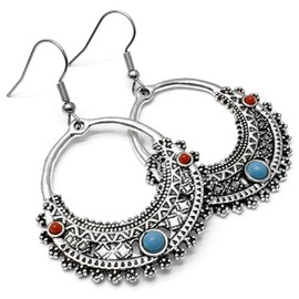 Large Antique Look Earrings, Tibetan Silver Charms with Turquoise Blue and Red Resin Stones on Nickel Free Hooks : 53mm long, Boho Chic Drop Earrings, Retro Bohemian Gift for Women