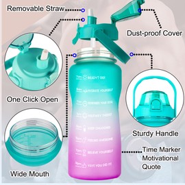 Half Gallon/64oz Daily Sports Water Bottle with Straw Motivational Time Marker,BPA Free Plastic Water Jug,2 Liter Drinking Bottle for Fitness,Travel,Camp and Outdoor Sport(64oz/2000ml,Green Purple Box