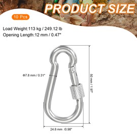 sourcing map Screw Locking Clips M8 1.97 Inch,304 Stainless Steel Spring Snap Hook for Outdoor Lifting Hanging Camping Swing Hammock Hiking Quick Link Pack of 10
