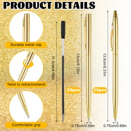 Telooco 50 Pack Gold Slim Pens Bulk Gold Metal Ballpoint Pen 1mm Retractable Black Ink Pens for Business Office Wedding Christmas
