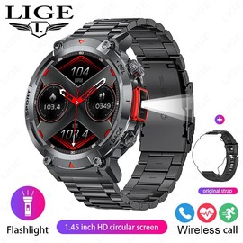 LIGE Large Disc Steel Band Outdoor Sports Watch Wireless Call Flashlight Waterproof Wearable multiple sport wireless answer smart - Color: Black Steel Belt With Silicone Belt