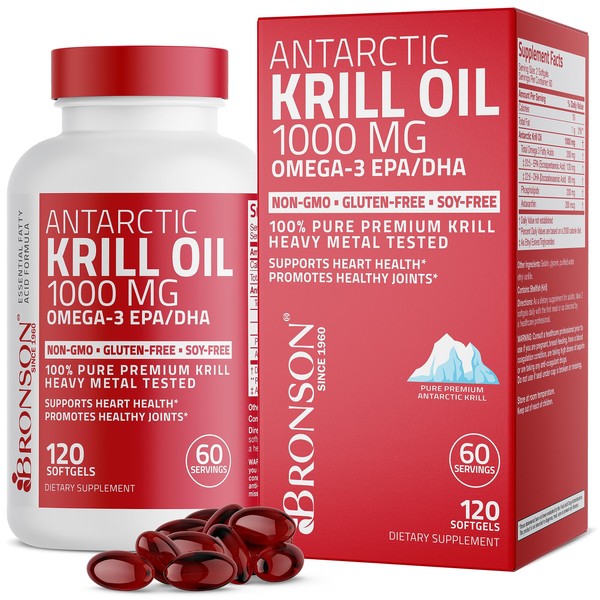 Bronson Antarctic Krill Oil 1000 mg with Omega-3s EPA, DHA, Astaxanthin and Phospholipids 120 Softgels