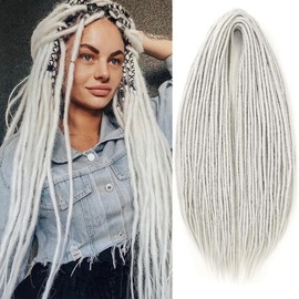 Leeven 24 Inch Grey Double Ended Dreadlock Extension 10 Strands Synthetic Hippie Dreads Handmade 0.6 Width Thin Soft Dreads Hair Extensions/Grey#