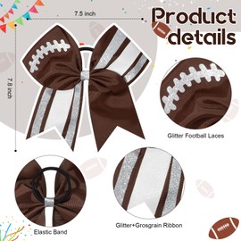DEEKA 8 PCS Football Cheer Bows with Glitter Laces and Stripes Cheerleader Sports Team Bows Elastic Band for Cheerleading Girls (Dark Brown+Glitter Silver/White)