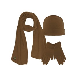 Black 3 Piece Fleece Hat Scarf & Glove Matching Set Light Brown