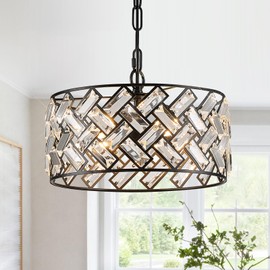 Black Crystal Pendant Light 4-Light Modern Chandelier Round 12'' Semi Flush Mount Ceiling Light Fixture for Kitchen Island Dining Room Bedroom Foyer Entryway Hallway