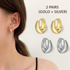 COYUN 2 Paar Chunky Creolen für Damen, Creolen Ohrringe Damen, Gold Silber Ohrringe Klobig Kleine Creolen Klobig Dick Knorpel Kreolen Huggie Creolen Mini Kleine Creolen Leicht Breit Ohrringe Mädchen