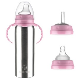 vasos de acero inoxidable para bebés | no tóxico 3 en 1 botella de transición con asas | Botella de agua para bebé | Vasos para bebé | Botella de agua de acero inoxidable, Rosado
