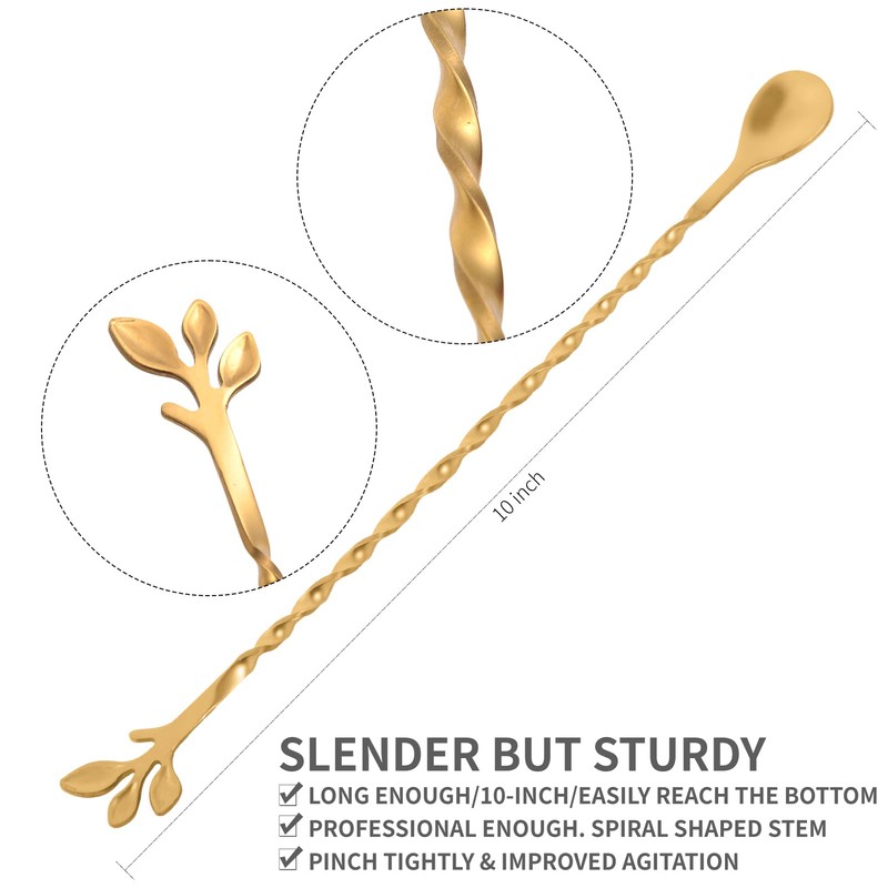 AnSaw Gold 10-Inch Stainless Steel Cocktail Spoon with Leaf Handle