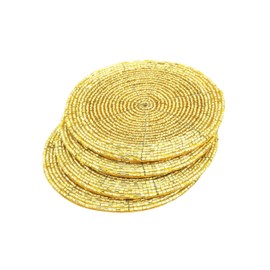 Terraacraft Shimmering Indian Handmade Beaded Coasters -4" Round-Set of 4 Gold Coasters, Dining Table Accessories, Decorative Home Decor
