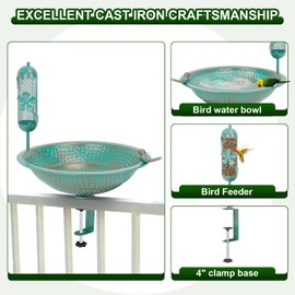 HANBOUNG Bird Bath for Outside Metal,14" W Large 2-in-1 Birdbath Bowl & Balcony Bird Feeder with No Easy Peeling Paint and Anti-Rust for Terrace Deck Balcony Railing Decorate(Blue