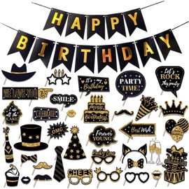 Black and Gold Party Decorations 36 Pcs Black and Gold Birthday Decorations,New Year Party Props,Photo Booth Party Props Suitable for Birthday Wedding Party(With Black Pull Flag*1)