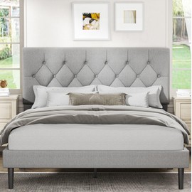 Full Size Platform Bed Frame with Upholstered Headboard, Button Tufted Design, No Box Spring Needed, Light Grey