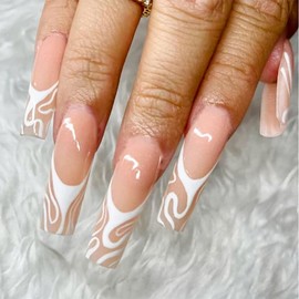 BABALAL Coffin Press on Nails Long Fake Nails Glossy Glue on Nails Omber Marble Acrylic Nails Ballerina Stick on Nails for Women and Girls