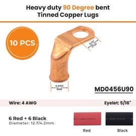 SELTERM 10pcs - 4 AWG 5/16" Stud - 90° Bent Battery Lugs - Ring Terminal Connectors with 12pcs 3:1 Black & Red 1/2" Heat Shrink Tubing - Heavy Duty Battery Cable Ends - Bare Copper Wire Connectors Kit