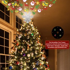 iLitLuk Christmas Tree Topper in Snowflake Shape, Illuminated with Built-in LED Projector, Christmas Tree Topper, 23 cm, Silver, Snowflake Topper, Christmas Tree Crown for Christmas Tree