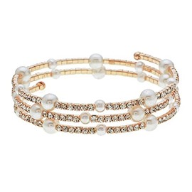 Kicomvi Imitition Pearl Stretch Bracelet Multilayer Crystals Pearl Elastic Bangle for Women Wedding Jewelry 1920s Costume-C Gold