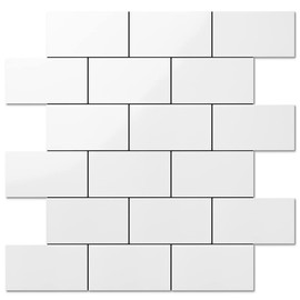 DICOFUN Polished White Thick PVC Peel and Stick Backsplash, Ceramic Look Subway Tile White Kitchen Backsplash Peel and Stick Wall Tile