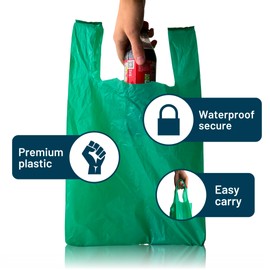 Recycled Carrier Bags Green Large 11 x 17 x 21" | 100 Pack | 100% Recycled Plastic | Medium Duty 18mu | Green Plastic Carrier Bags with Handles