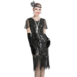 Letter Love Women 1920s Gatsby Vintage Sequin Flapper Fringe Party Plus Dress With 20s Accessories Set (L, Sequin Black)