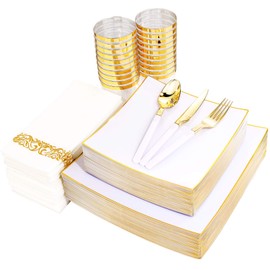 Nervure 140Pcs White Square Plastic Plates with Gold Rim - Gold Disposable Plates Includes: 40 plates, 60 Gold Plastic Silverware with White Handle, 20 Cups, 20 Napkins for Weddings & Parties
