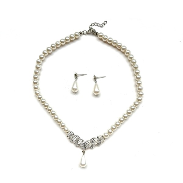 Pearl Heart Wedding Necklace Earrings Set Bridal Crystal Flower Pendant