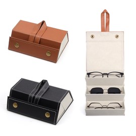 AMONENZ Pack of 2 Glasses Storage Box, Three-Piece Leather Sunglasses Case, Foldable Glasses Storage, Glasses Case in Black and Khaki for Glasses, Necklaces and Watches, black