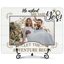 Engagement Gifts Picture Frame, He Asked She Said Yes Photo Frame, Wedding Engagement Gifts for Couples Newly Engaged, MDF Wood Picture Frame for 4 x 6 Photo, Tabletop-A03