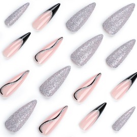 Press On Nails Stick On Nails, Flower Summer Cute Designed Beauty Pattern in Glue on Nails, Fake Nails, Short Square Almond Long Ballet Shape on 24PCS (Black Sliver Glitter)