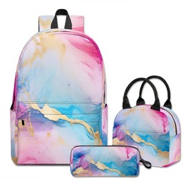 Okentiso 3PCS Girls Pink Marble Backpack, Bookbag for Kids Girls with Lunch Box, 17 Inch Marble Teens School Bag Set, Laptop Backpack for Women School/Daypack