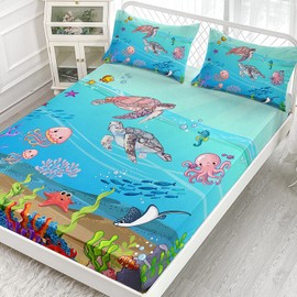 XYNHML Sea Turtle Fitted Sheet Tropical Fish Marine Life Bed Set Reptile Sea Animals Wildlife Bed Cover for Teens Adult Includes 1 Fitted Sheet,2 Pillowcases