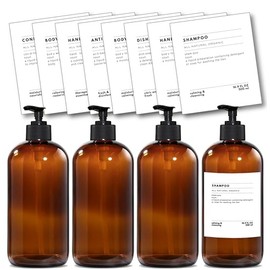 Genérico Dispensadores de jabón con Etiquetas para Elegir. para baño, Cocina, regadera, Botella Ambar y Tapa Negra. 4 dispensadores y 8 Etiquetas con 