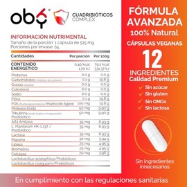 Enzimas digestivas  Probioticos  Prebioticos  Postbioticos  Fórmula Vegana 4 en 1 - Oby Quadribióticos Complex  Suplemento Alimenticio para Hombre y  