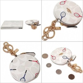 COACH CHALK/MULTI RACQUET PRINT CIRCULAR ZIP COIN POUCH KEY RING FOB C8219
