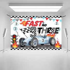 Race Car Themed 3rd Birthday Backdrop Banner Racing Themed 3rd Bday Party Supplies Decorations Fast & Three Race Car Birthday Banner Decor