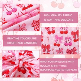 RUSPEPA 26" Reusable Christmas Cloth Wrap, 1 Fabric Wrap with Cherry Bow, Candy Cane, Snowflake Design on Natural Cotton, Pink Sweet Reusable Wrapping for Girls Holiday, Wedding, Housewarming Gifts