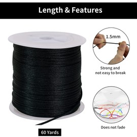 TONIFUL 1.5mm x 50 Yards Black Nylon Cord Satin String for Bracelet Jewelry Making Rattail Macrame Waxed Trim Cord Necklace Bulk Beading Thread Kumihimo Chinese Knot Craft