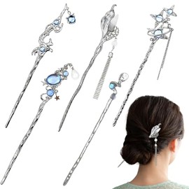 HASTHIP 5 Pcs Palillos para el Cabello de Metal con Estrella y Piedra Lunar, Púas de Plata Vintage Estilo Chino, Accesorios de Cóctel para Peinados