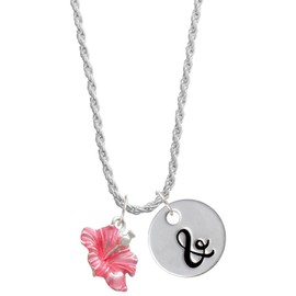 Delight Jewelry Silvertone Hot Pink Hibiscus Flower - Silvertone Script Initial Disc - & - Charm Necklace, 20"+3"