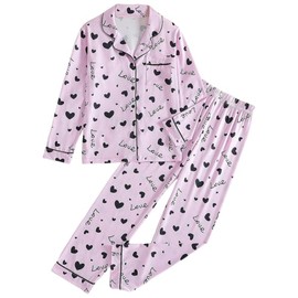 Xumplo Girls Pyjamas Sets Tweens Long Sleeve Button Pjs Lounge Set Kids 2Pcs Stripe Heart Sleepwear Children Nightwear 12 Years