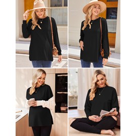 Ekouaer Pregnancy T Shirts for Women Maternity Tops 3 Packs Side Ruched Long Sleeve Pregnant Tee Black/Brown/White M