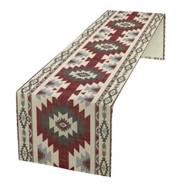 Ethnic Aztec Linen Table Runner, Retro Boho Rustic Farmhouse Brown Red Native Tribal Geometric Totem Seamless Pattern Decor for Party Living Room Kitchen Dining Coffee Table 13x36in x1 Panel