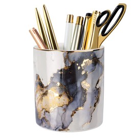 WAVEYU Marble Pencil Holder, Durable Ceramic Desk Organizer Office Supplies,Desktop Stationary Organizer,Multi-Functional Pencil Storage for Desktop Accessories,Office,Classroom,Home,Gray Gold