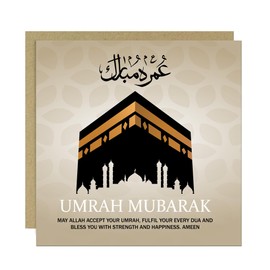 RED OCEAN Umrah Mubarak Card For Family Friends, Kaaba Islamic Card, Hajj Mubarak, Ramadan, Eid, 145mm x 145mm Greetings Card With Craft Envelope
