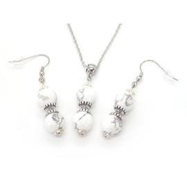 Damen-Ohrringe und Halskette-Schmuckset mit weißem Howlith-Perlenanhänger und tibetischen Perlen